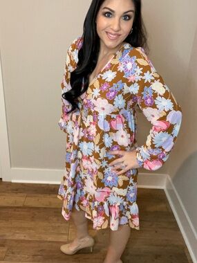 Plus Size XL XXXL Floral Ruffled Brown Dress with Pastel Blooms